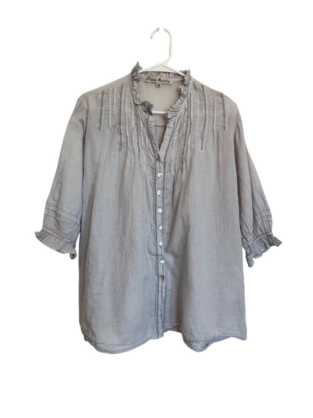 JP And Mattie Ruffle Collar Button Front Peasant Blouse Gray Cottagecore Size M